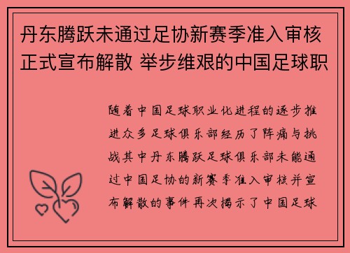 丹东腾跃未通过足协新赛季准入审核正式宣布解散 举步维艰的中国足球职业化困境再现