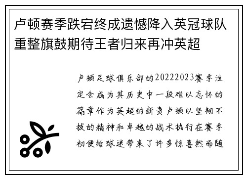卢顿赛季跌宕终成遗憾降入英冠球队重整旗鼓期待王者归来再冲英超